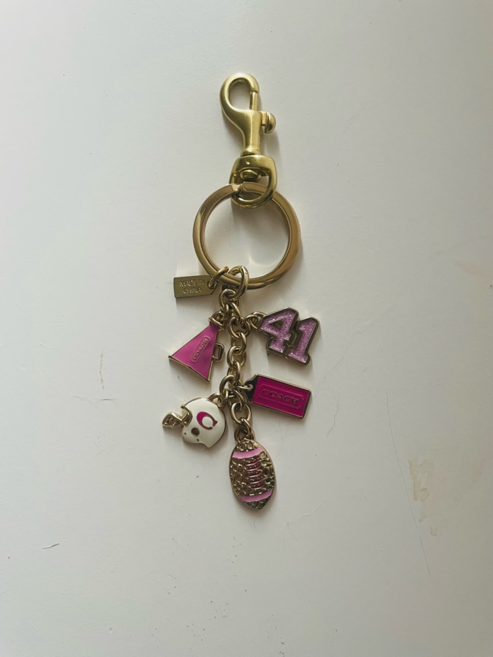 Coach Pink Enamel Charm Key Ring with Gold Hardware